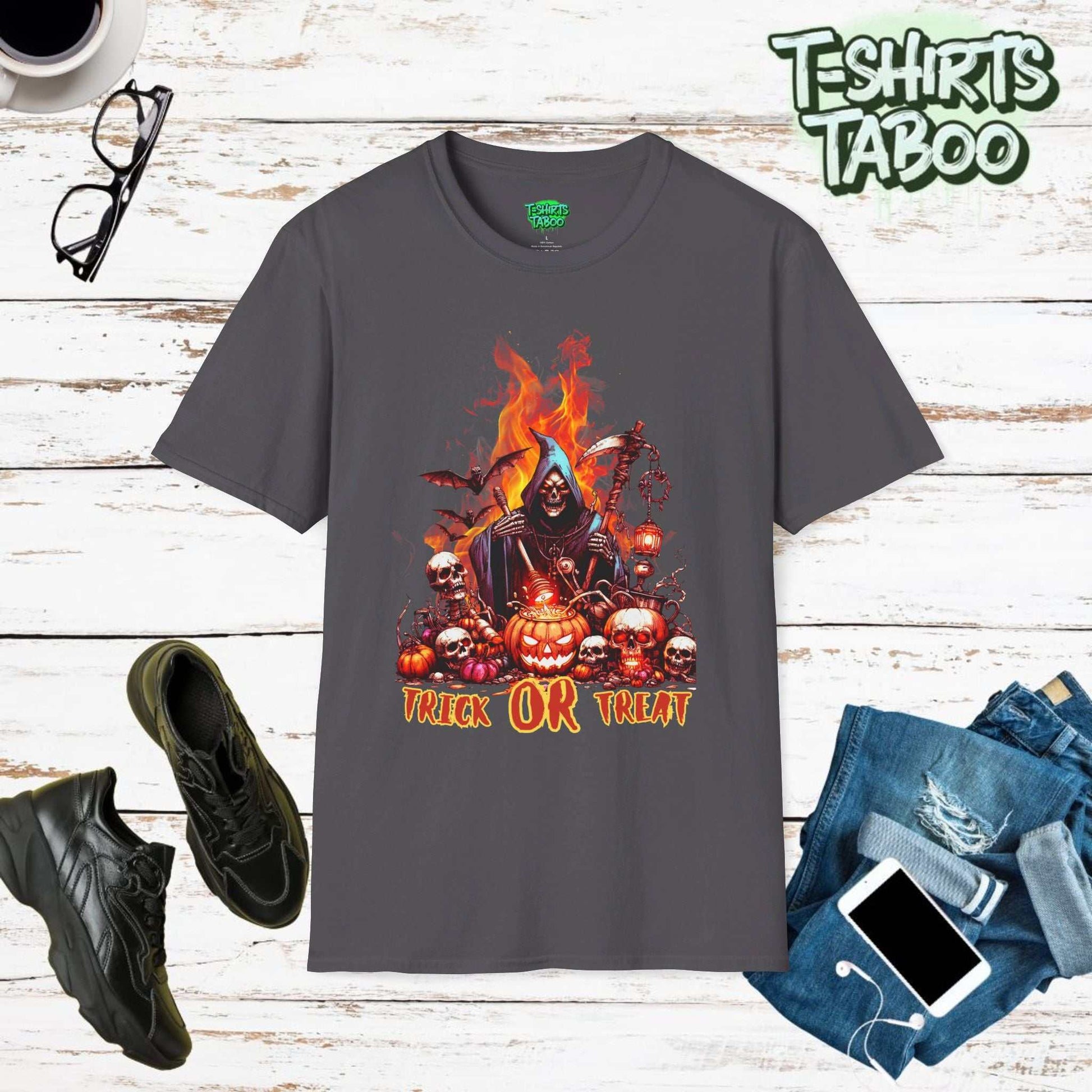 Trick or Treat HaEmbrace the spooky vibes this season with our Trick or Treat - Skeleton Grim Reaper Halloween Shirts. This design showcases a chilling skeleton Grim Reaper and fireslloween Pumpkin Skelton Grim Reaper T-shirt.