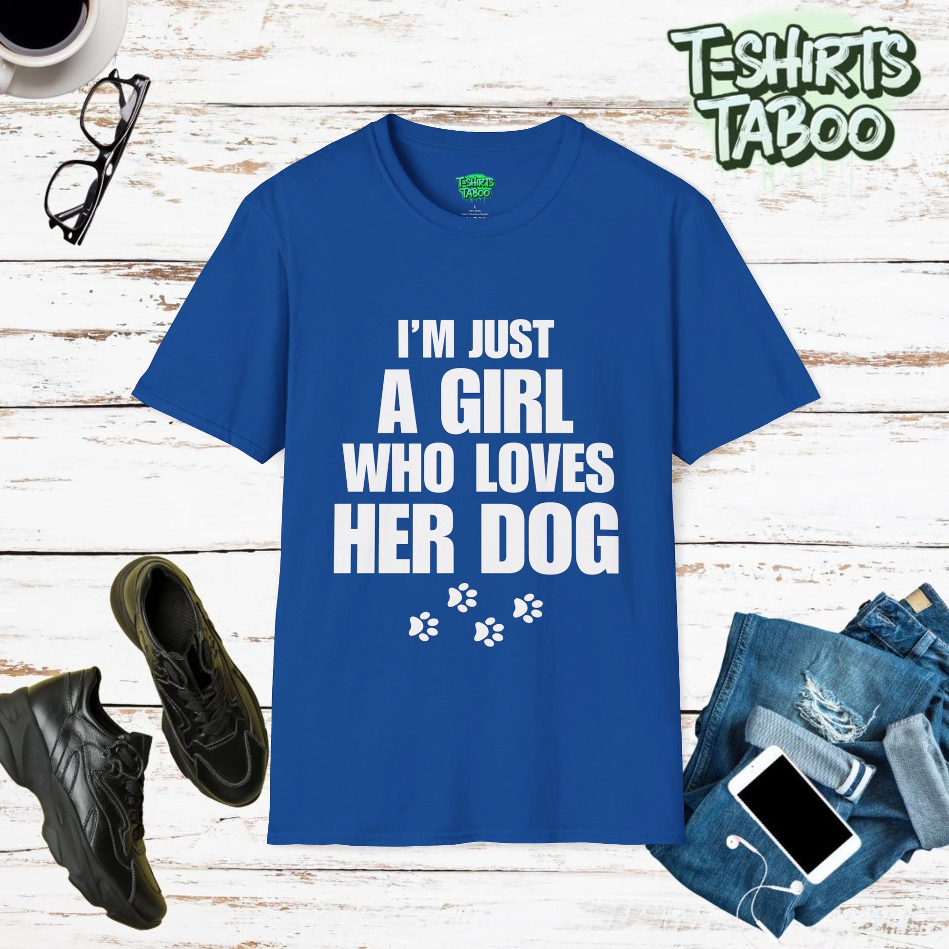 Stylish and unique T-shirt by T-shirts Taboo displaying the slogan I’m just a girl who loves her dog. Also features some dogs paw print graphics underneath the text