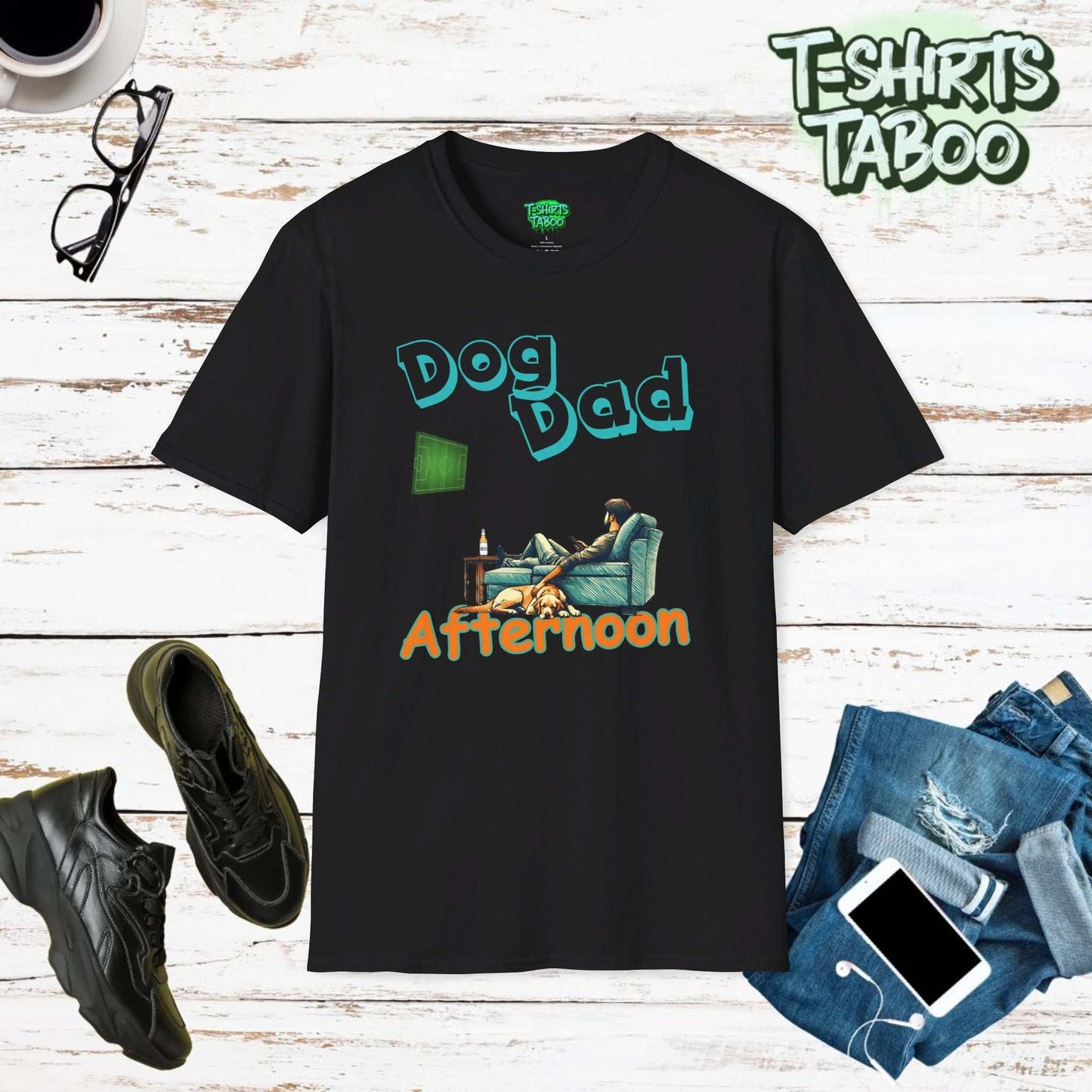 Fathers day Stylish and unique tee by T-shirts Taboo featuring the slogan Dog Dad afternoon and an image of a Dad on the sofa with a dog with him watching the football on the tv