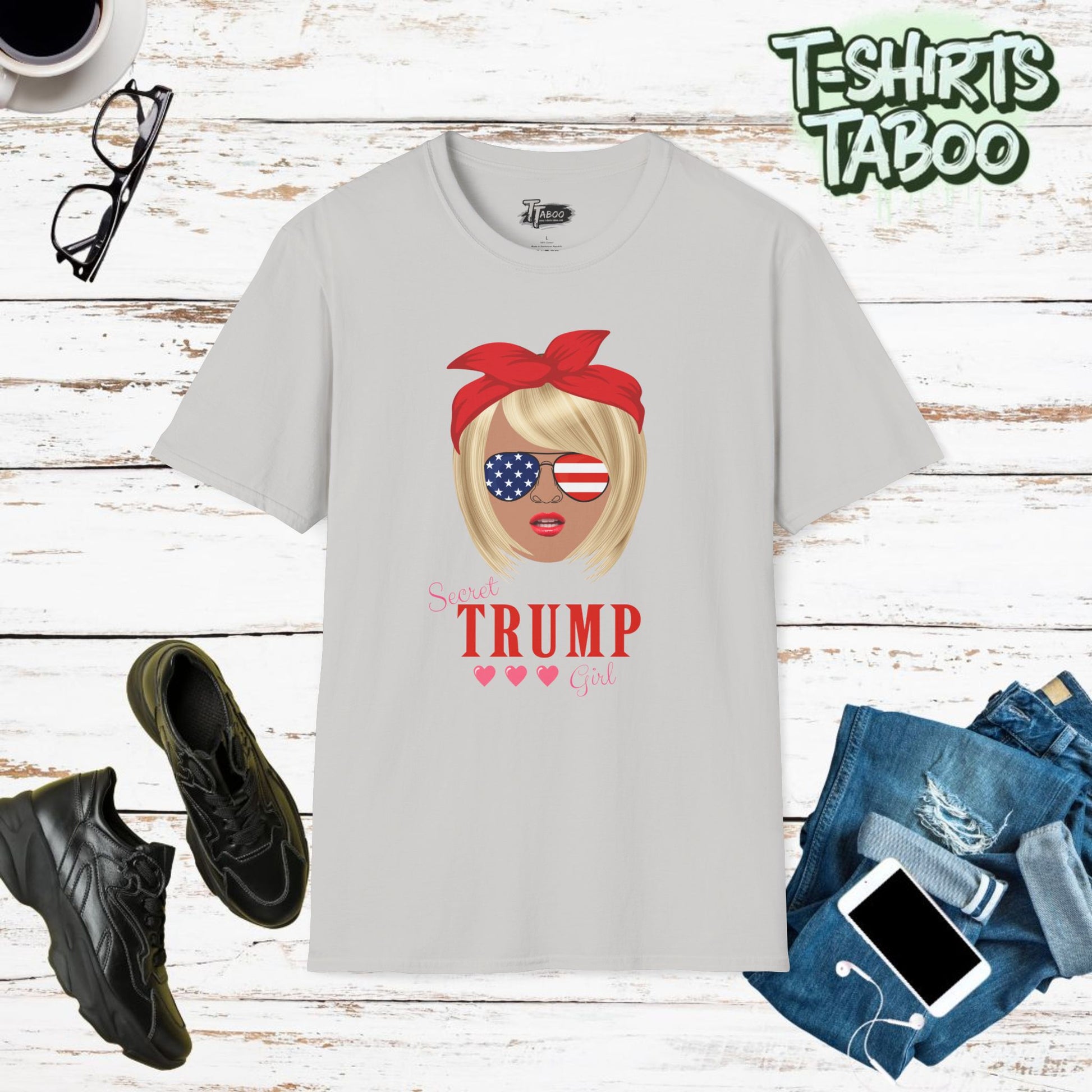 Secret Trump Girl, show off your unique style and patriotism with the Secret Trump Girl t-shirt! Featuring a trendy design with leopard print details, this s