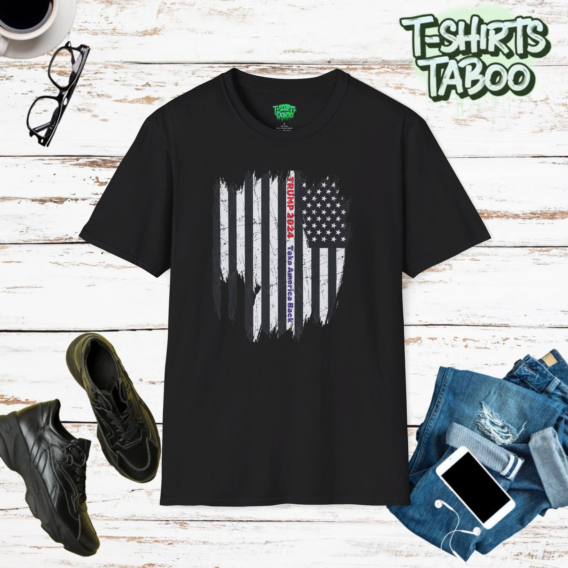 Show your support with this us president t-shirt featuring a distressed grey USA flag and bold red text "Take America Back." A perfect t-shirt for patriotic Americans.