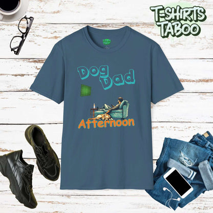 Fathers day Stylish and unique tee by T-shirts Taboo featuring the slogan Dog Dad afternoon and an image of a Dad on the sofa with a dog with him watching the football on the tv