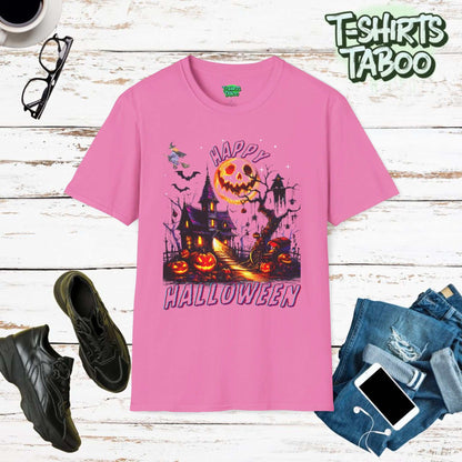 Happy Halloween Get into the spooky spirit with our Halloween Shirts, perfect for celebrating the most haunting night of the year! This design features a chillingly old Hauted HousePumpkins Full Moon spooky Witch Haunted House T-shirt.