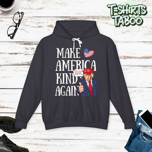 Trump Hoodie "Words Work, Words Heal - Make America Kind Again" Comfort Colors Spread a message of kindness and healing with this thoughtfully designed Trump Hoodie featuring compelling artwork on both sides. "Make America Kind Again" Shop Now