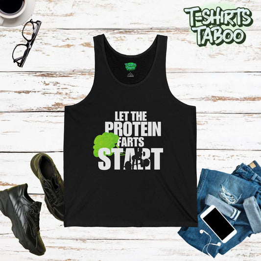 Workout Tank with the slogan Let the Protein farts start. Bold text funny joke tank with graphic of weightlifter lifting weights whilst farting.  Great for workouts.