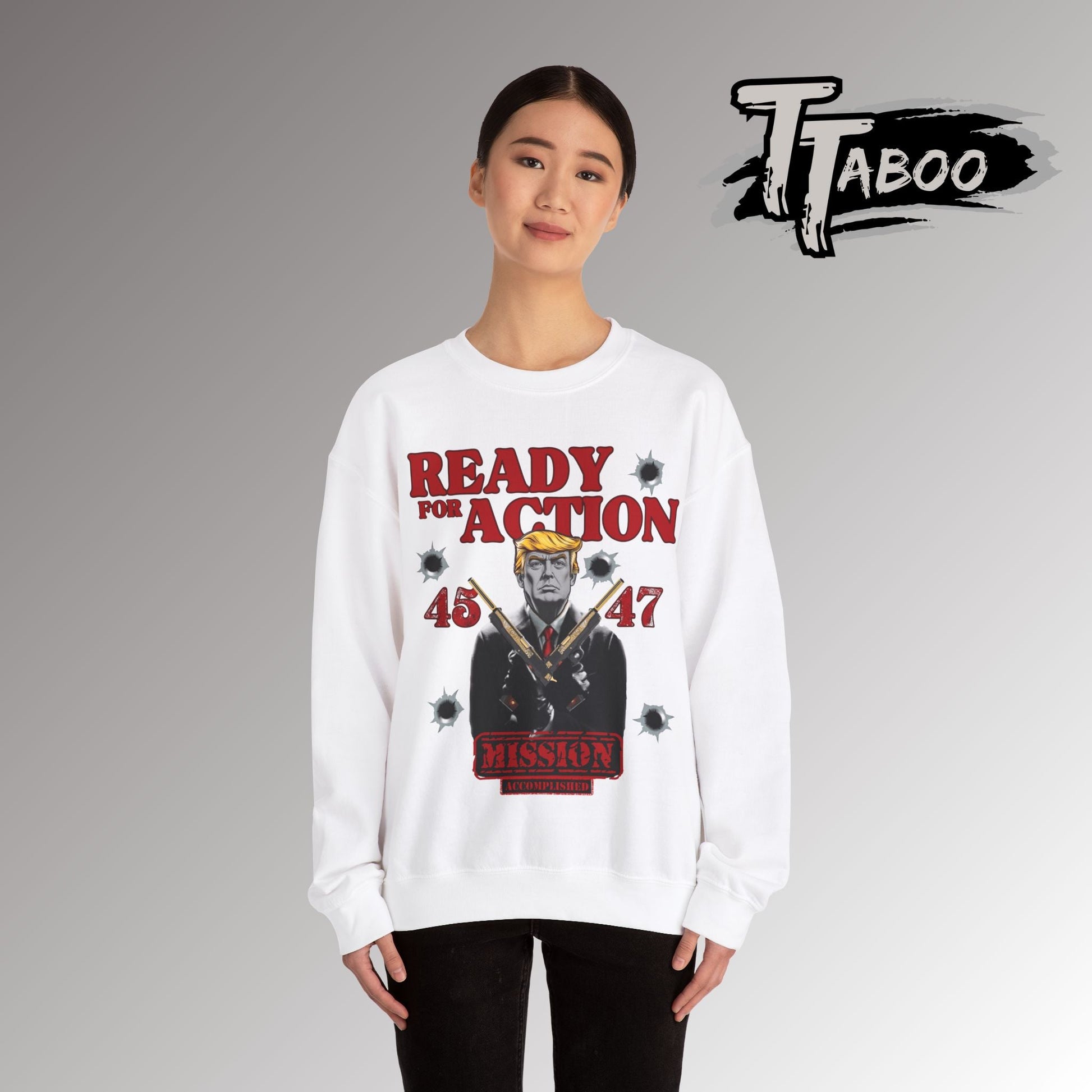 Celebrate record breaking returns with our clever political memorabilia 4547 Trump Sweatshirts with Donald Trump as the iconic Agent 47 holding duel Colt 45's Shop Now