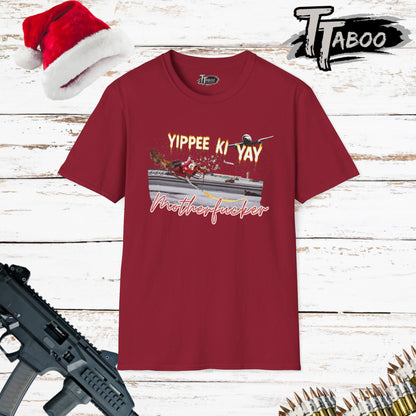 Treat your holiday wardrobe to our Die Hard Christmas Shirts, with a reamagined final scene involving a bad Santa with a bag of stolen cash. Unique to T-shirts Taboo. Red t-shirt