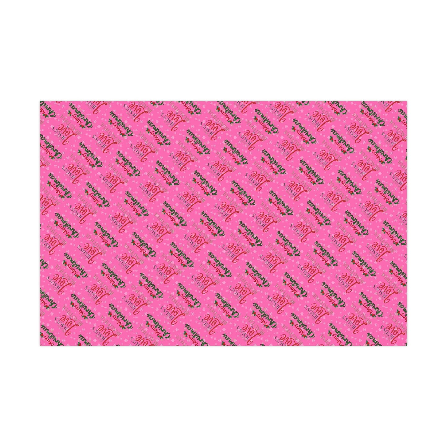 Make your holiday season sparkle with this vibrant pink Christmas wrapping paper roll! With festive words "Jesus's Love is Beautiful Merry Christmas Merry Christmas" Avalilable in 3 sizes - 30 x 20 inch 30 x 72 inch and 30 x 144 inch