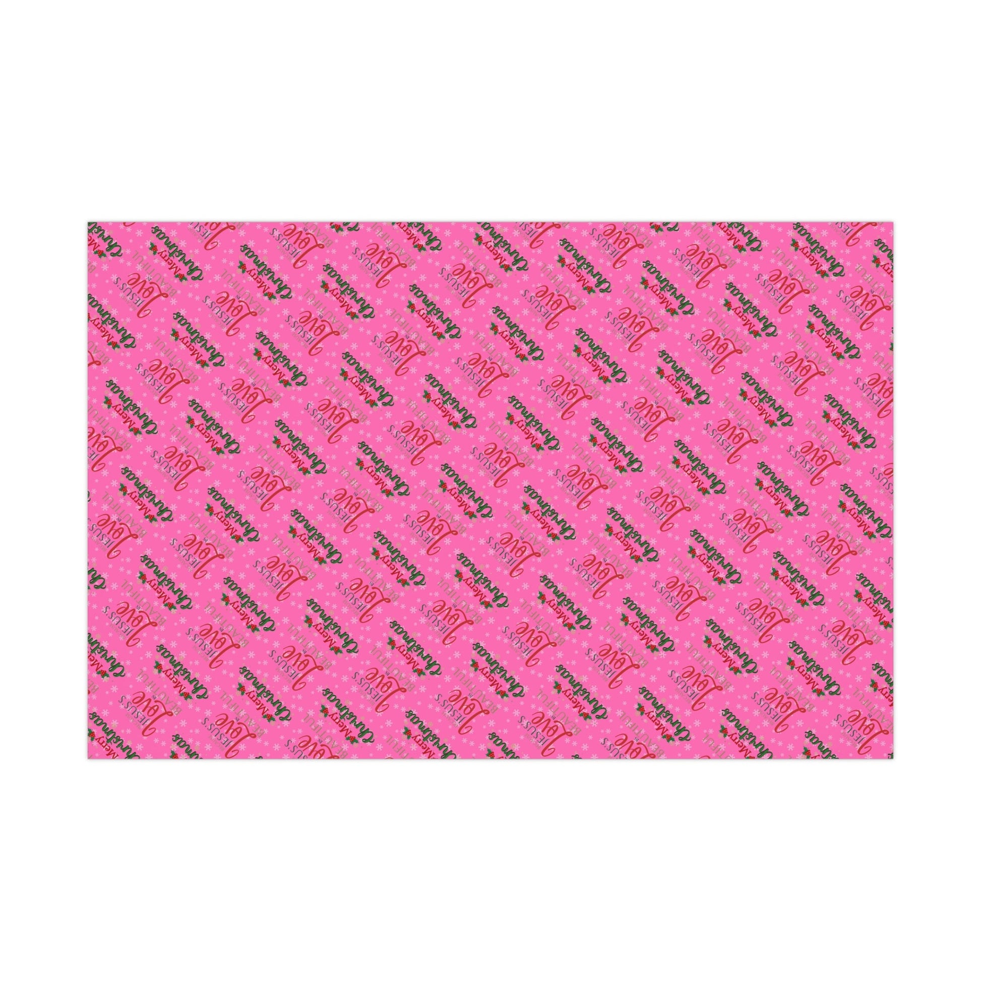 Make your holiday season sparkle with this vibrant pink Christmas wrapping paper roll! With festive words "Jesus's Love is Beautiful Merry Christmas Merry Christmas" Avalilable in 3 sizes - 30 x 20 inch 30 x 72 inch and 30 x 144 inch