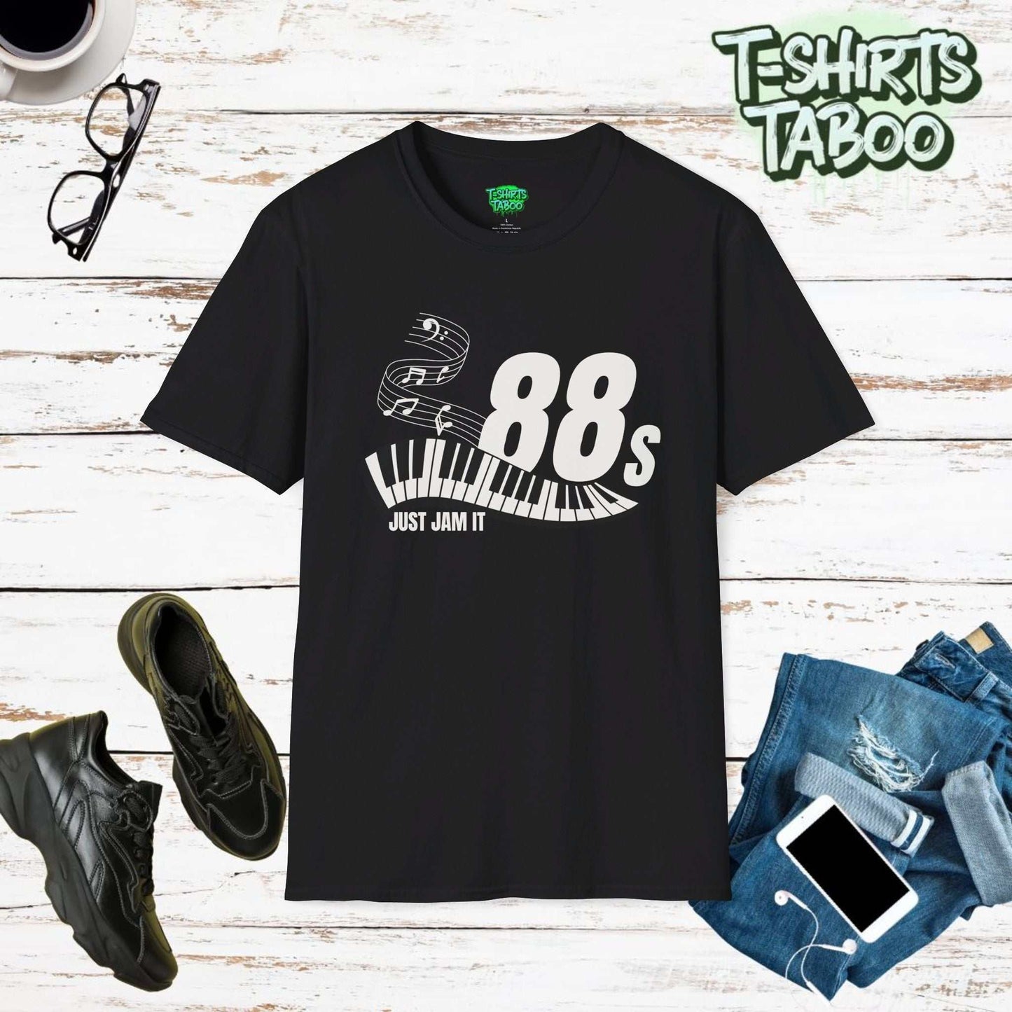 Celebrate your love for music with the '88s Just Jam It' T-shirt. Featuring piano keys, 88's, and music notes, this tee is perfect for a music lover or keen pianist