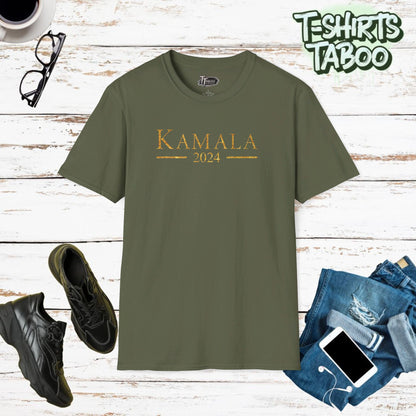 Kamala Harris Shirt – Unisex, Sizes XS-5XL Show your support for Kamala Harris with this stunning Kamala 2024 t-shirt, featuring large bold gold glitter effect text.