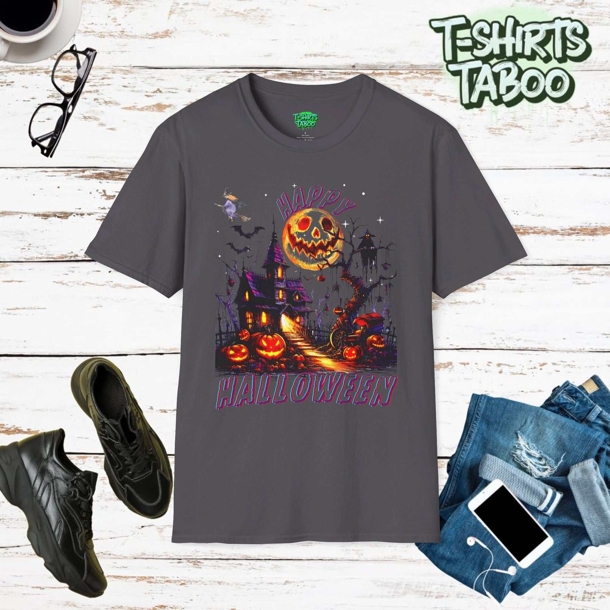 Happy HalloweeGet into the spooky spirit with our Halloween Shirts, perfect for celebrating the most haunting night of the year! This design features a chillingly old Hauted Housen Pumpkins Full Moon spooky Witch Haunted House T-shirt.