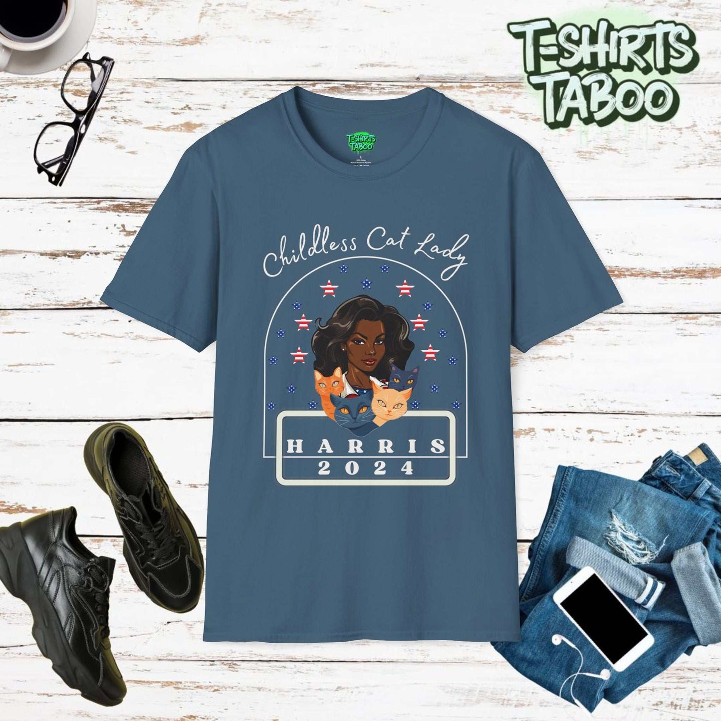 Embrace your love for cats and your pride in being a childless lady with our lovely & charming Childless Cat Lady 2024 United States  Stars and Stripes flag T-Shirt.