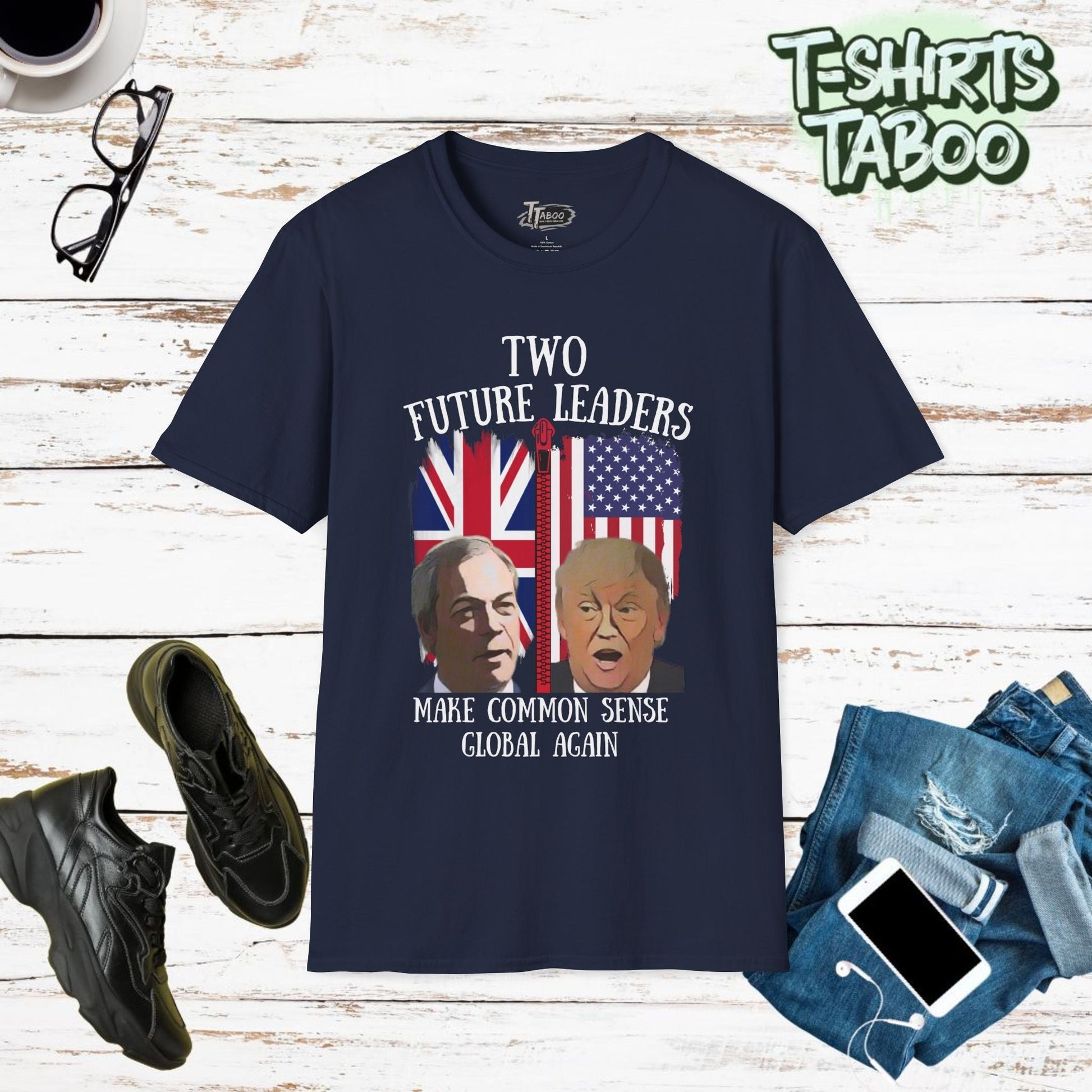 This powerful double-sided political statement t-shirt features thought-provoking messages on front and back. Our Trump shirts combines British and American politics