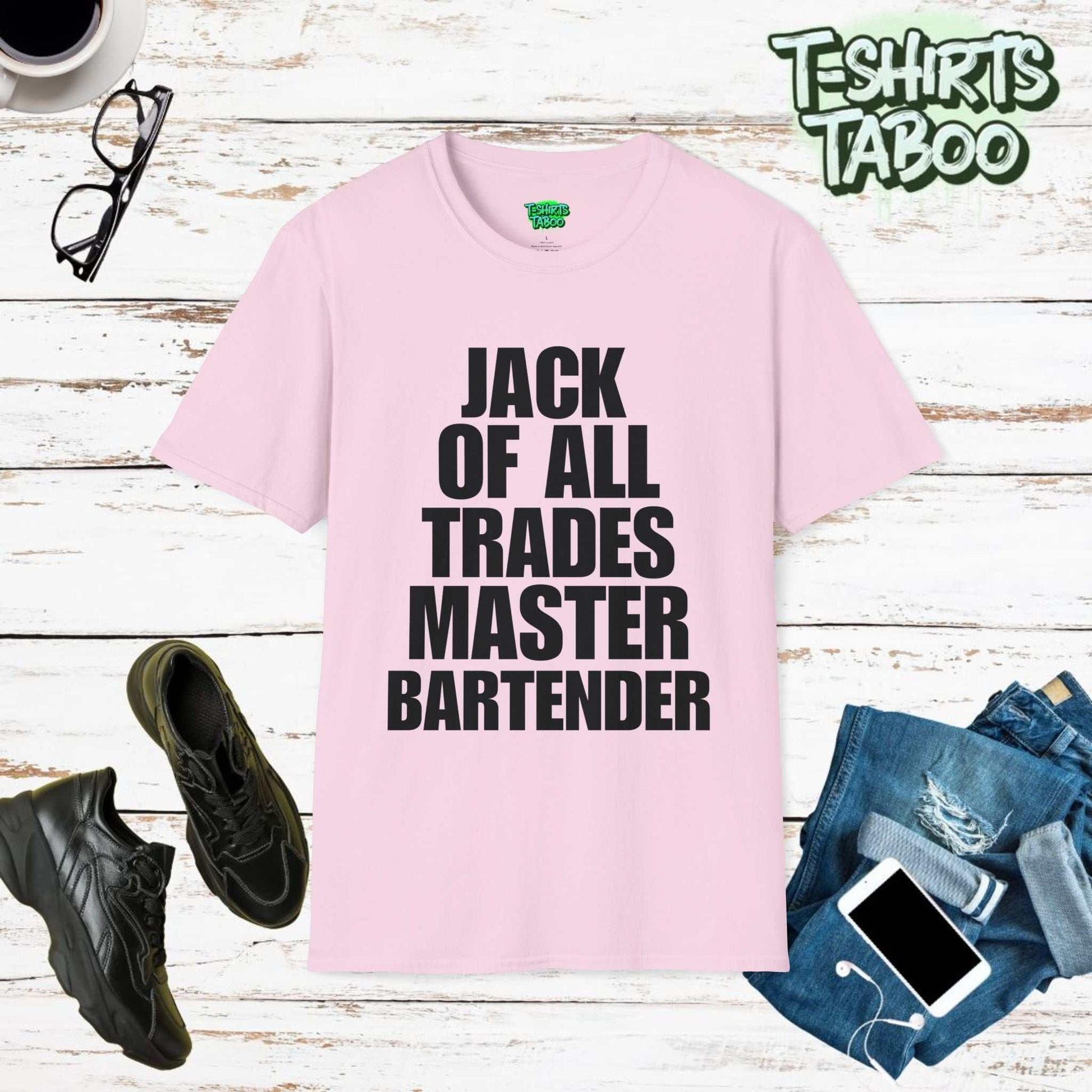 Jack Of All Trades Master Bartender (black text) Unisex Soft T-Shirt.