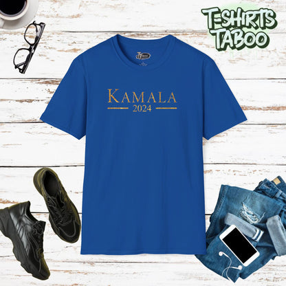 Kamala Harris Shirt – Unisex, Sizes XS-5XL Show your support for Kamala Harris with this stunning Kamala 2024 t-shirt, featuring large bold gold glitter effect text.