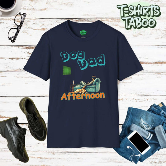 Fathers dayStylish and unique tee by T-shirts Taboo featuring the slogan Dog Dad afternoon and an image of a Dad on the sofa with a dog with him watching the football on the tv