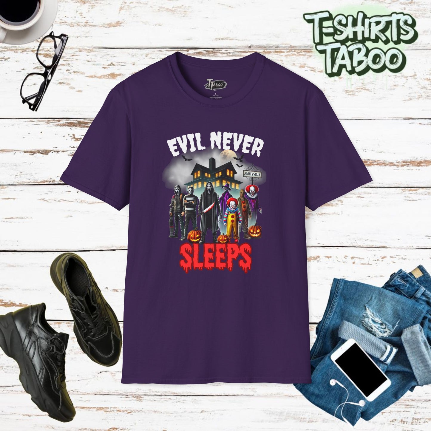 This Halloween T-shirt features "Evil Never Sleeps" and a selection of horror characters. These Halloween Shirts are made from soft, quality material & comfortable. 