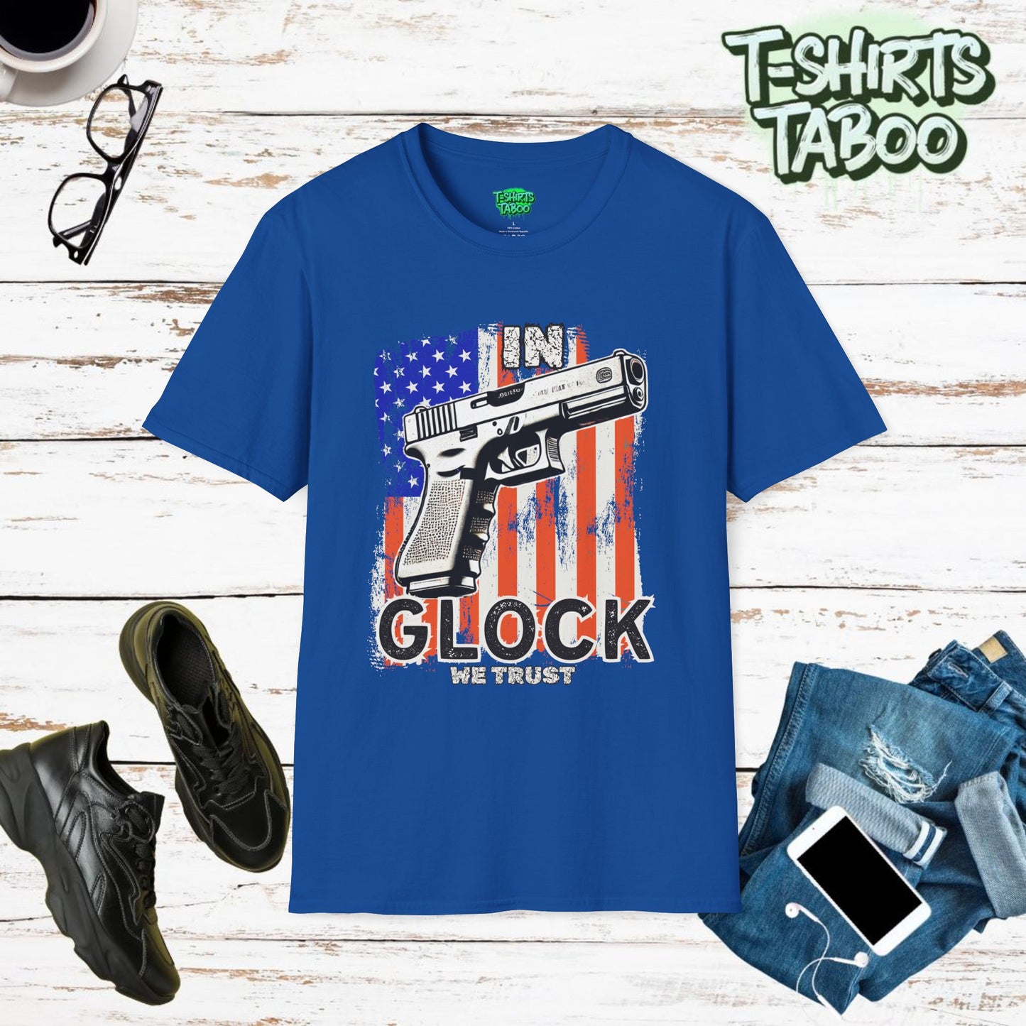 In Glock We Trust Shirt – Patriotic American Flag Gun Graphic Tee Show off your love for firearms patriotism or 2nd Amendment with this bold In Glock We Trust Tshirt