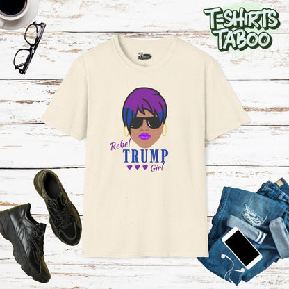 Rebel Trump Girl Show off your unique style and patriotism with the Rebel Trump Girl t-shirt! Featuring a trendy design with leopard print details, this shirt is per