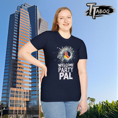 Our Die Hard Christmas Shirts, featuring a artist impression. The scene is John McClane pearing down at the cop car outside the front of Nakatomi Plaza. Shop Now ⬆.