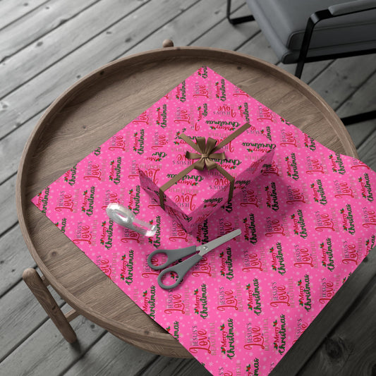 Make your holiday season sparkle with this vibrant pink Christmas wrapping paper roll! With festive words "Jesus's Love is Beautiful Merry Christmas Merry Christmas" Avalilable in 3 sizes - 30 x 20 inch 30 x 72 inch and 30 x 144 inch