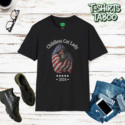 Embrace your love for cats and your pride in being a childless lady with our lovely & charming Childless Cat Lady 2024 United States  Stars and Stripes flag T-Shirt.