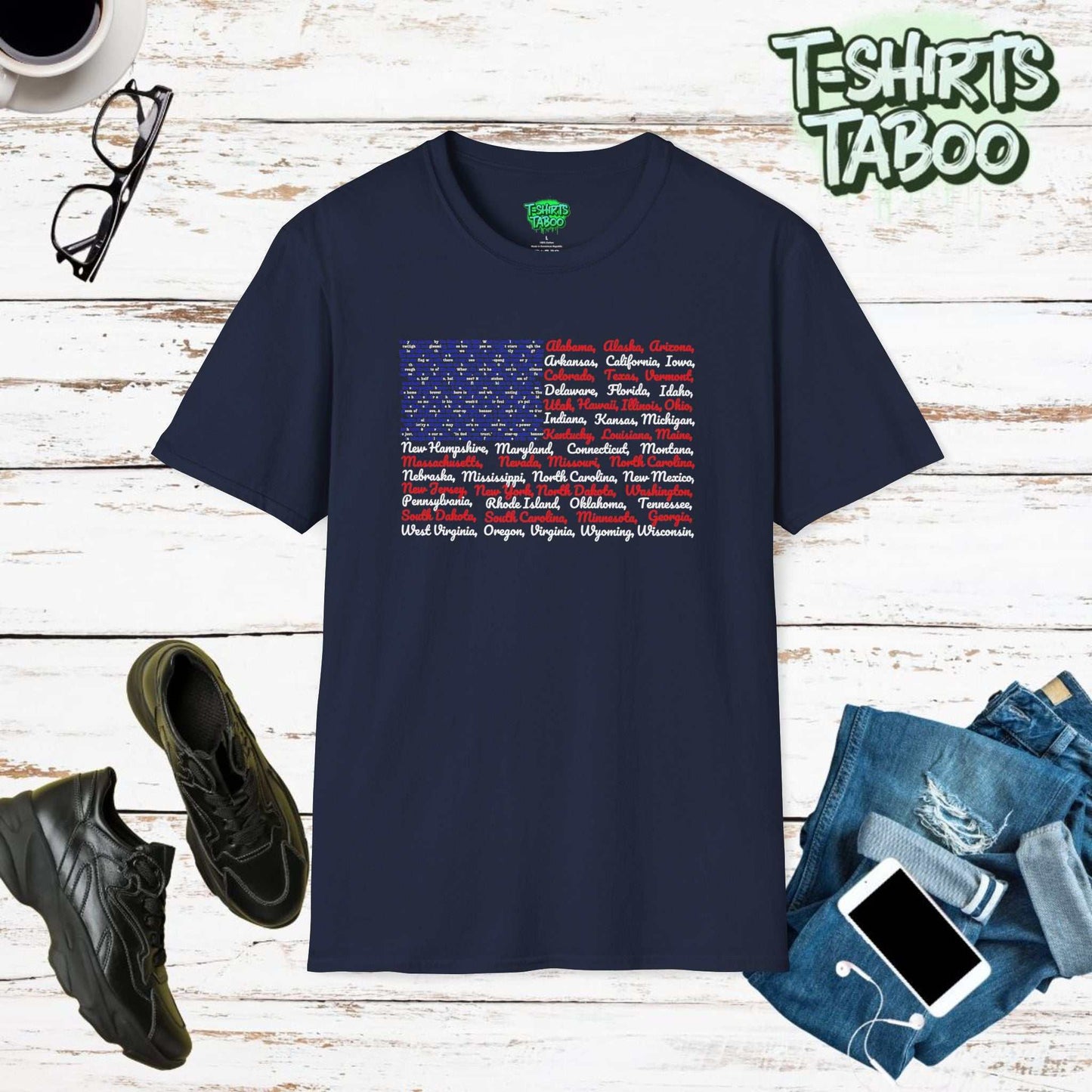 Patriotic American Flag Design.  Captures the essence of the United States' pride, featuring the full lyrics of "The Star-Spangled Banner" and names of all 50 states