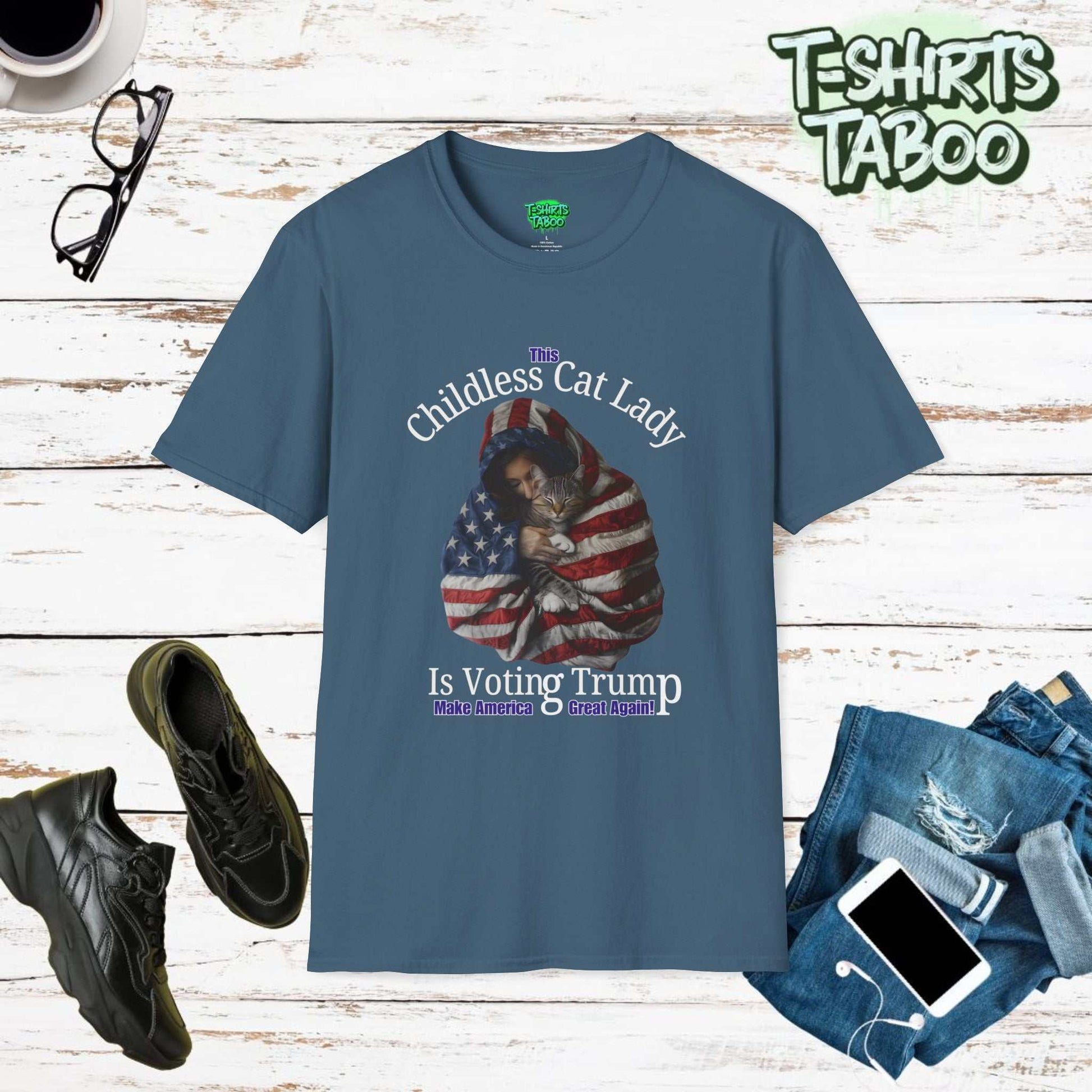 This Childless Cat Lady is Voting Trump T-Shirt Show your unique blend of political support and feline love with our "This Childless Cat Lady is Voting Trump" shirt.