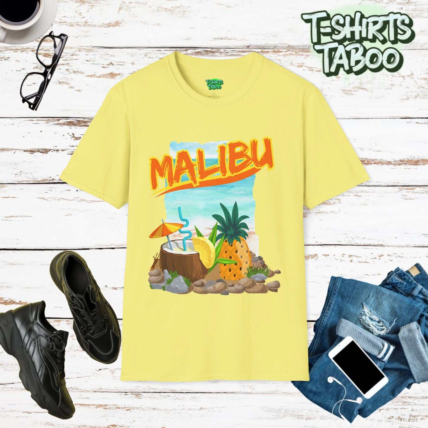 Malibu Short Sleeve Shirt with a graphic of a coconut cocktail and a pineapple with the backdrop of a beach. Malibu written at top. for kardamena Kos Island lovers. 