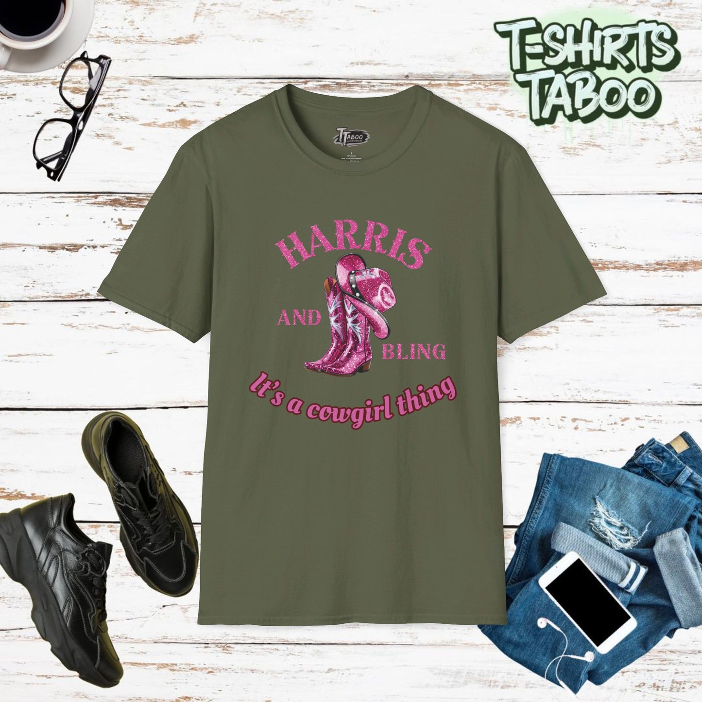 Harris and Bling, It's a Cowgirl Thing T-Shirt – Western shirts for women, with sizes XS-5XL show your support for Kamila Harris with this pink glitter effect shirt