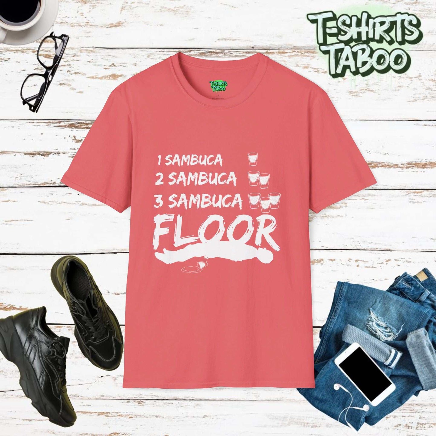 T-shirt - One Sambuca, Two Sambuca, Three Sambuca, Floor with a graphic of a person laying down on the floor after passing out with a spilt sambuca shot on the floor