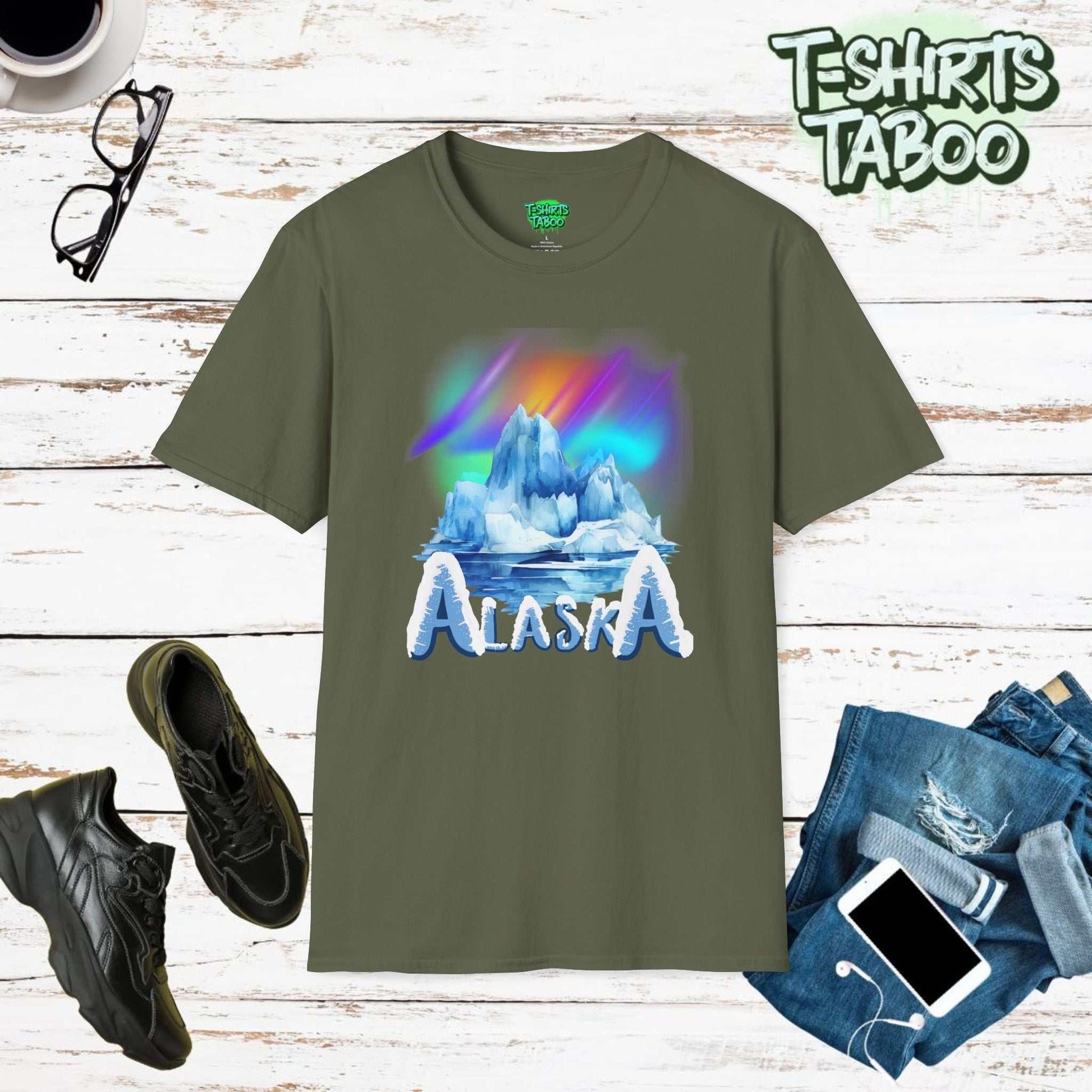 Experience Alaska glacier wild beauty with our Glacier Tee. Features frozen snow-covered text, a majestic glacier, and stunning Northern Lights. Perfect for nature lovers.