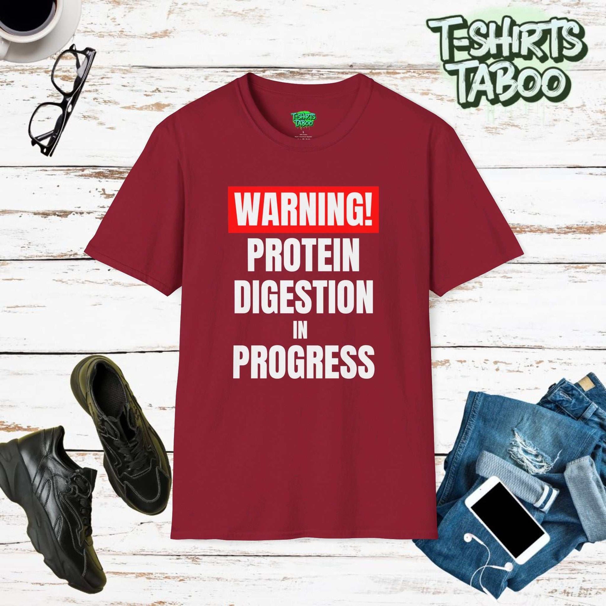 Workout tee featuring the slogan Warning Protein digestion in progress. Clear and bold text statement t-shirt.  Perfect gym goers a, workouts or for fun casual wear.