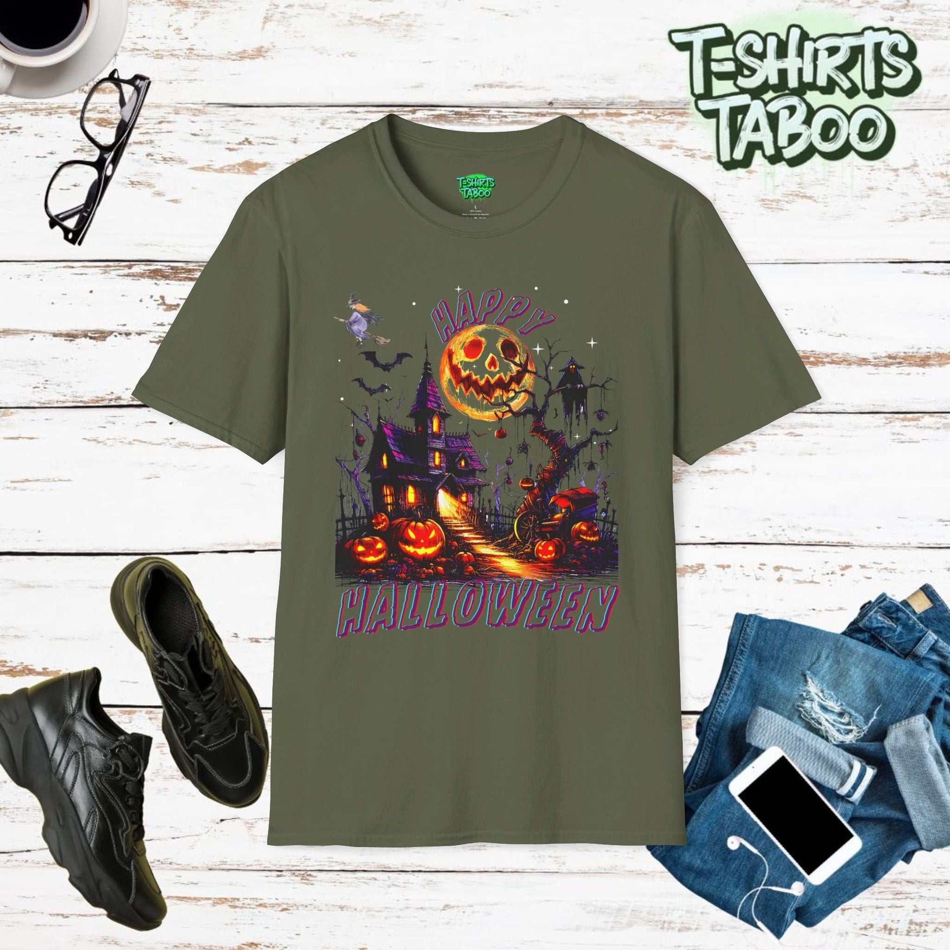 Happy Halloween PuGet into the spooky spirit with our Halloween Shirts, perfect for celebrating the most haunting night of the year! This design features a chillingly old Hauted Housempkins Full Moon spooky Witch Haunted House T-shirt.