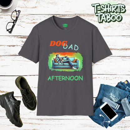 Fathers Day unique tee by T-shirts Taboo featuring the slogan Dog Dad afternoon and an image of a Dad on the sofa with a dog with him watching the football on the tv