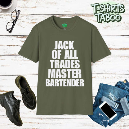 Jack Of All Trades Master Bartender (white text) Unisex Soft T-Shirt.