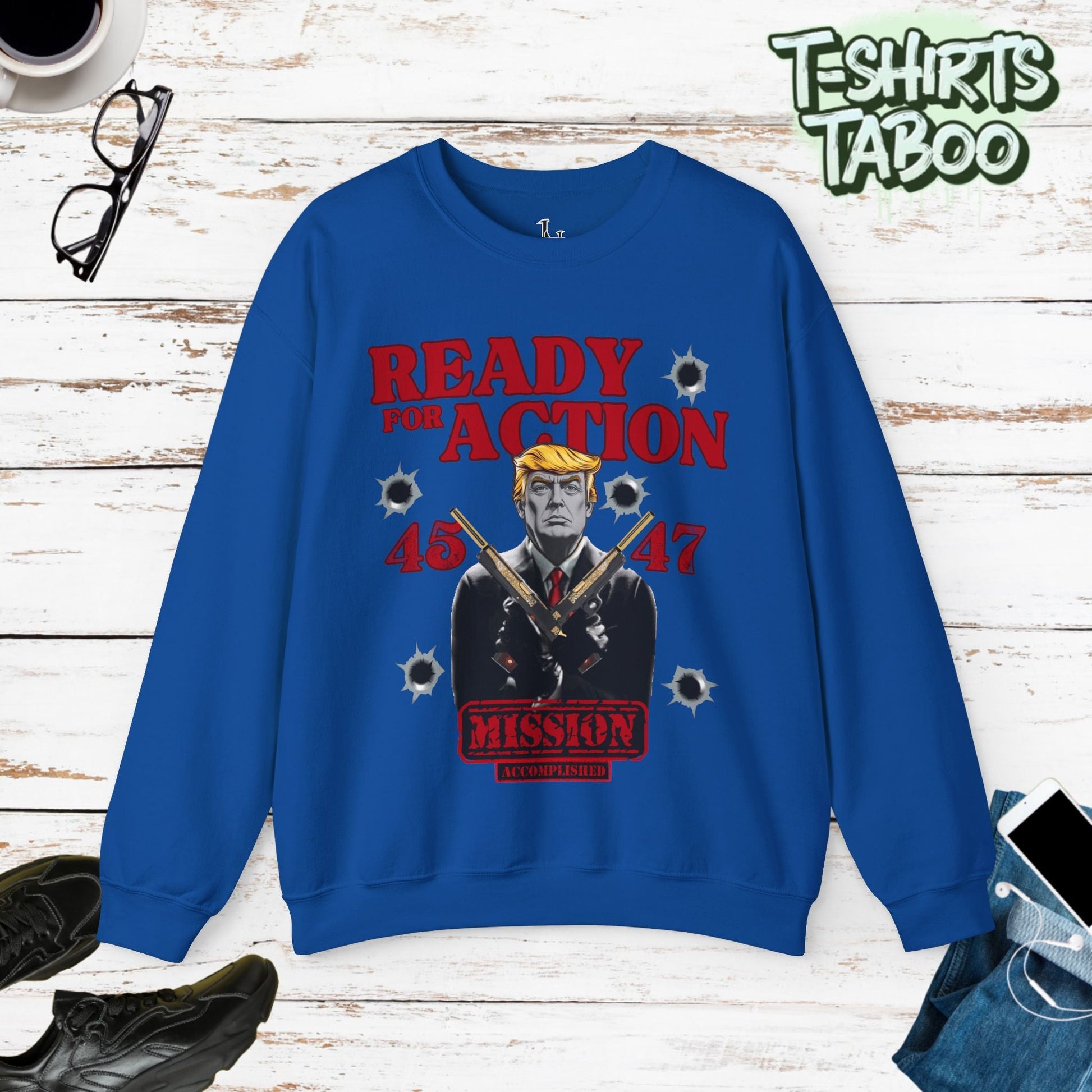 Celebrate record breaking returns with our clever political memorabilia 4547 Trump Sweatshirts with Donald Trump as the iconic Agent 47 holding duel Colt 45's Shop Now