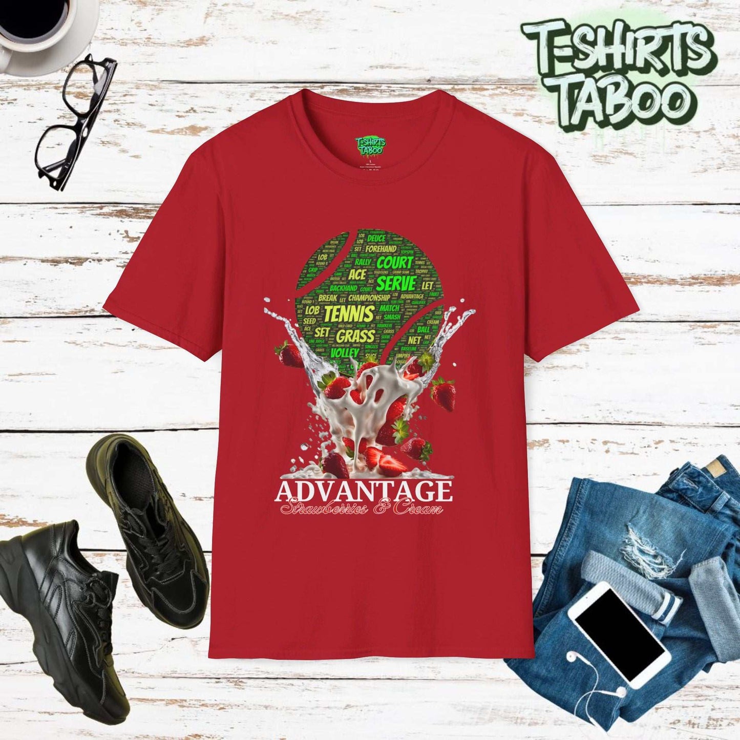 Serve up style with our "Advantage Strawberries & Cream Word Ball" t-shirt. Perfect shirt for  tennis enthusiasts who love a classic british style tournament flavor.