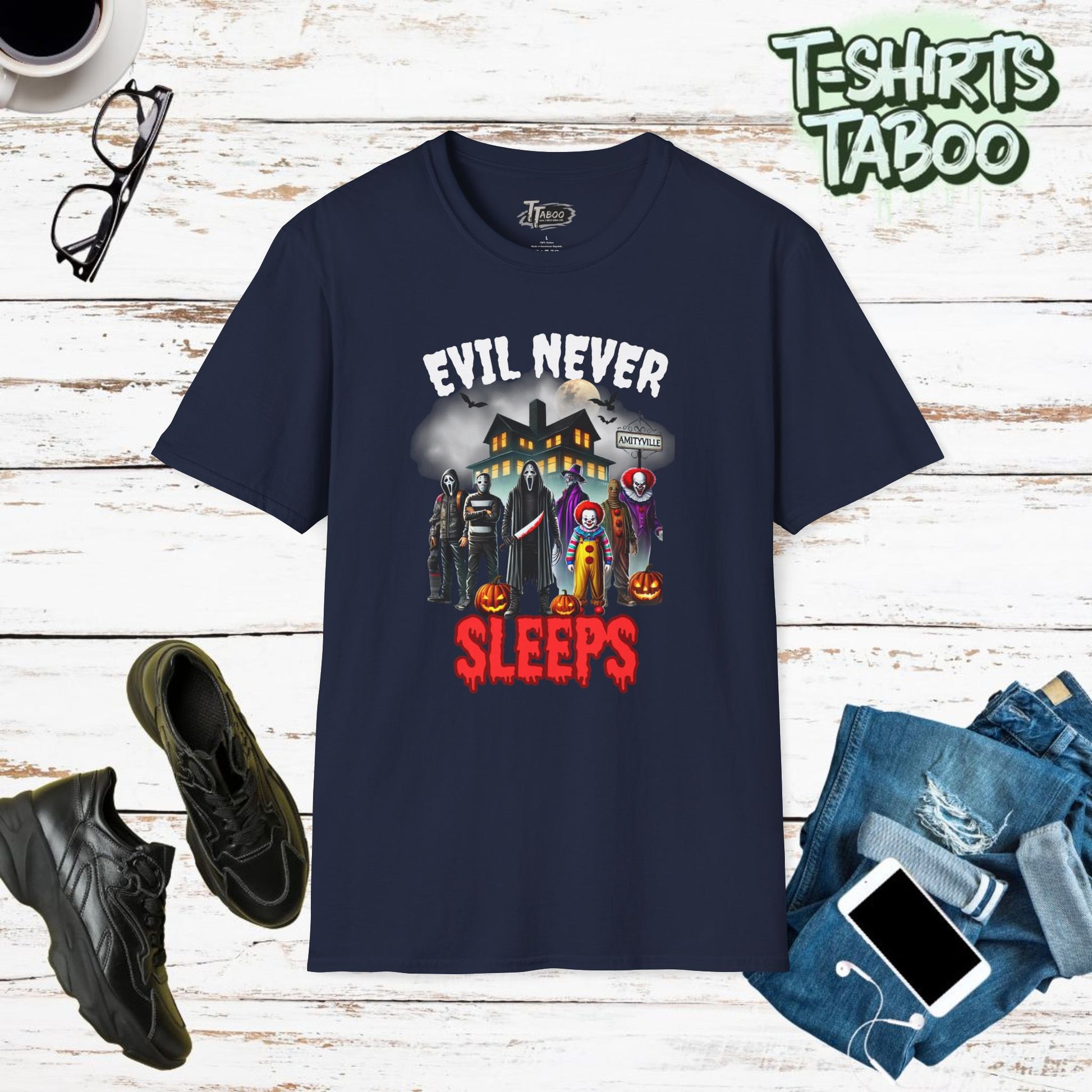 This Halloween T-shirt features "Evil Never Sleeps" and a selection of horror characters. These Halloween Shirts are made from soft, quality material & comfortable. 