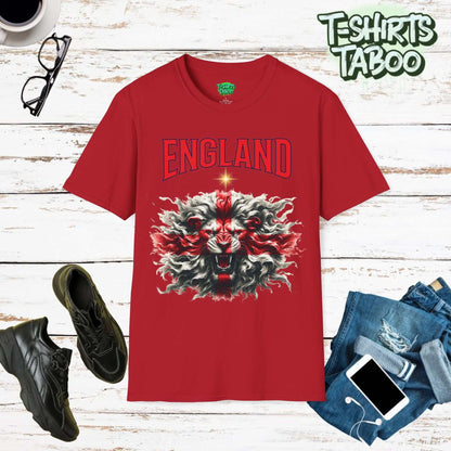 Roaring Lion Unique England Football Supporters Union Jack Flag Tshirtis a unique football t-shirt that is ideal for any England national football supporter and fans