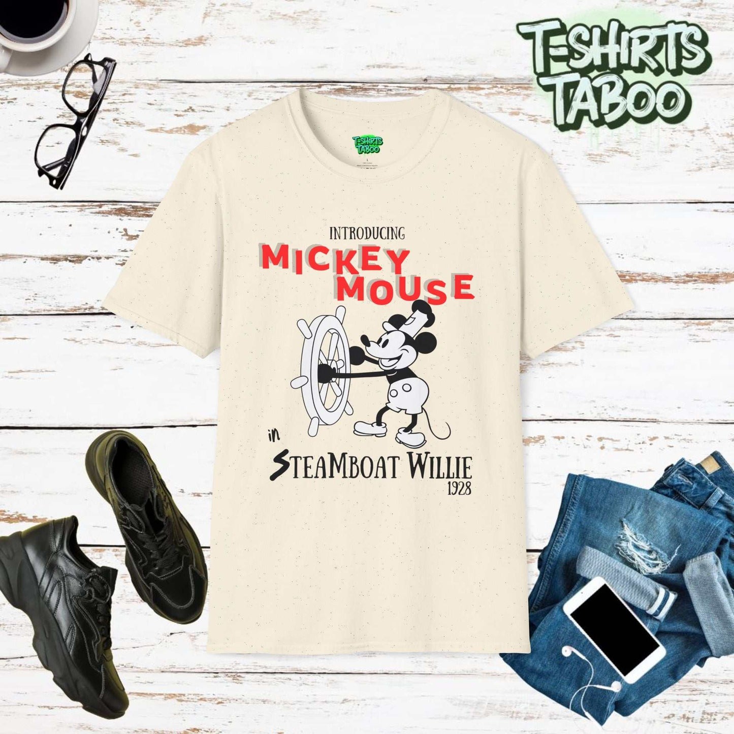 Celebrate Mickey Mouse's debut with our classic Steamboat Willie 1928 t-shirt. Vintage design, unmatched comfort, and ethically made for all Mickey fans old and new.