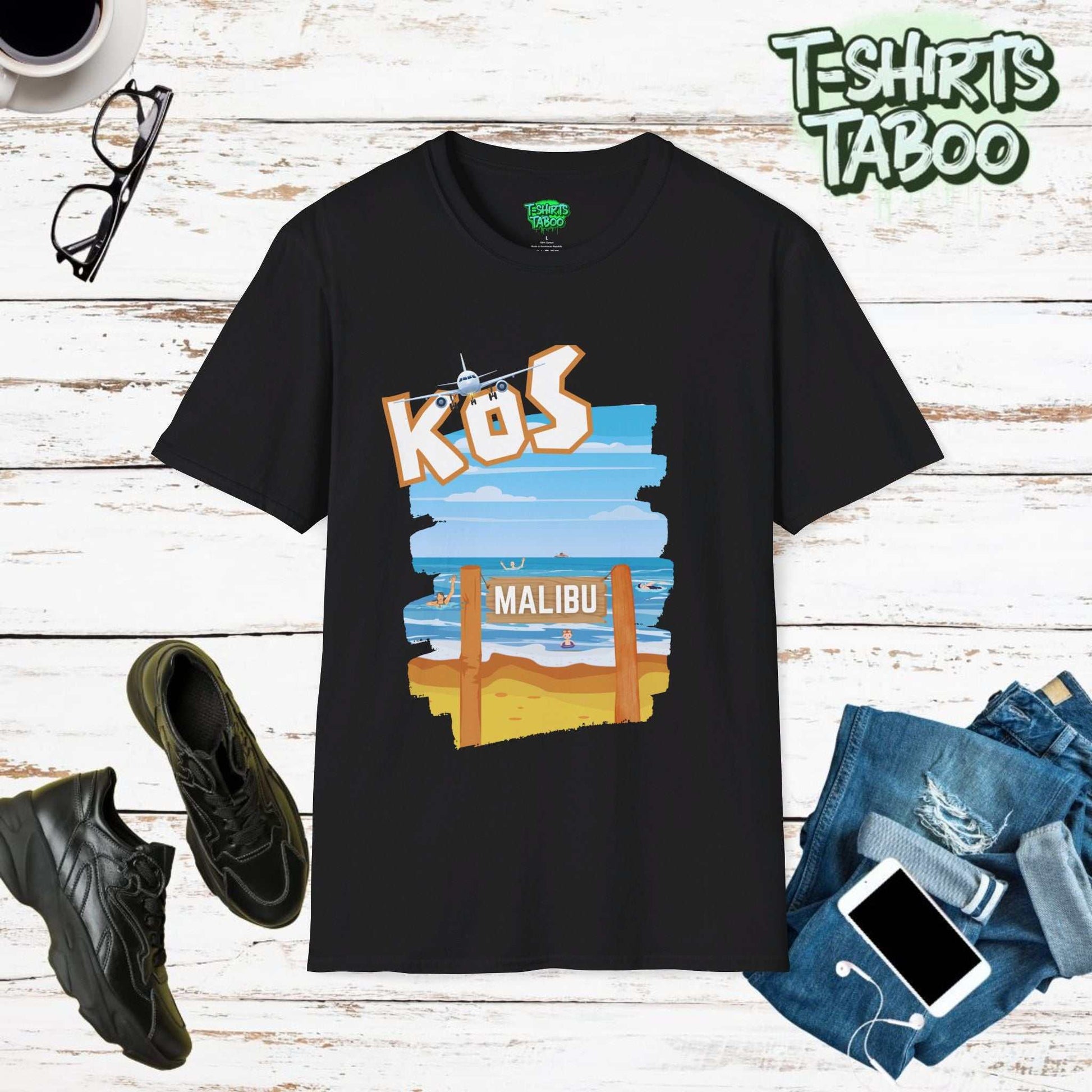 Malibu Short Sleeve Shirt with a graphic of holiday makers having fun on Malibu beach on the Greek Island of Kos - Shirt also has Kos at the top with a passenger jet