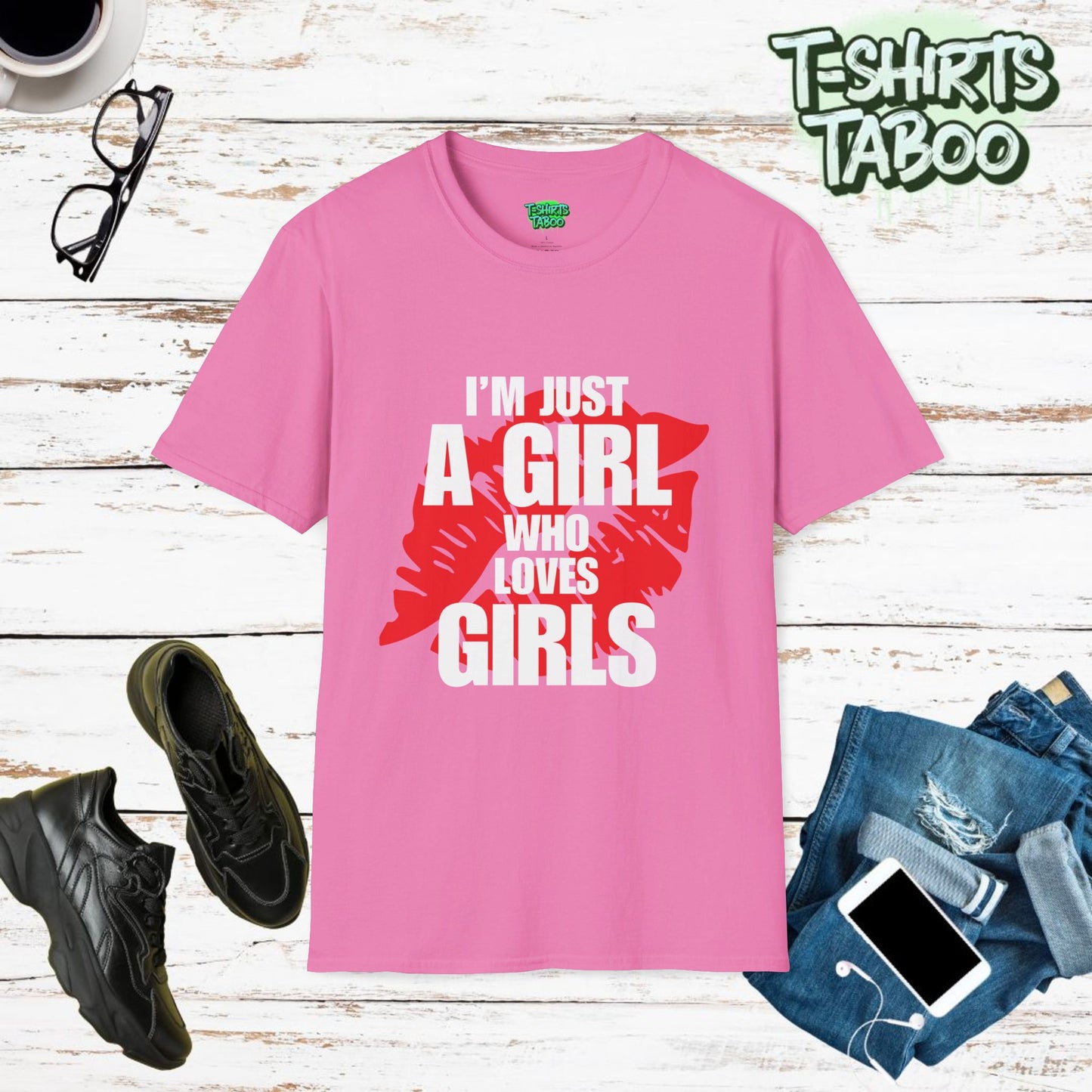 Stylish and unique T-shirt by T-shirts Taboo that showcases the slogan I’m just a girl who loves girls. A romantic text only statement t-shirt. Perfect for Gay Pride