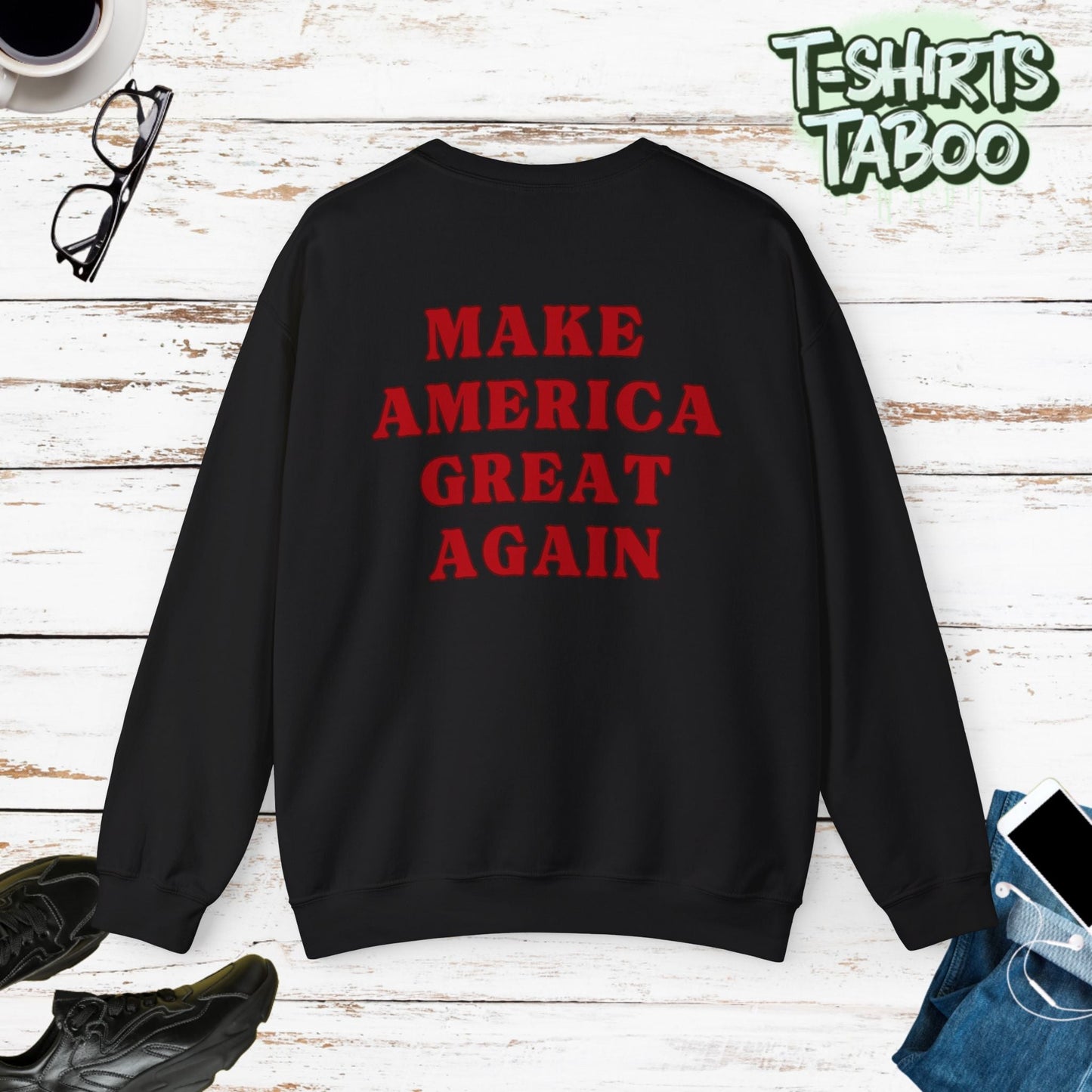 Celebrate record breaking returns with our clever political memorabilia 4547 Trump Sweatshirts with Donald Trump as the iconic Agent 47 holding duel Colt 45's Shop Now