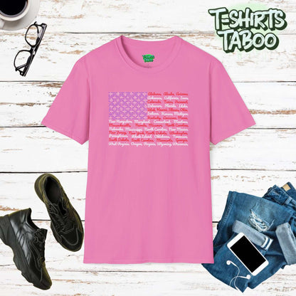 Patriotic American Flag Design.  Captures the essence of the United States' pride, featuring the full lyrics of "The Star-Spangled Banner" and names of all 50 states