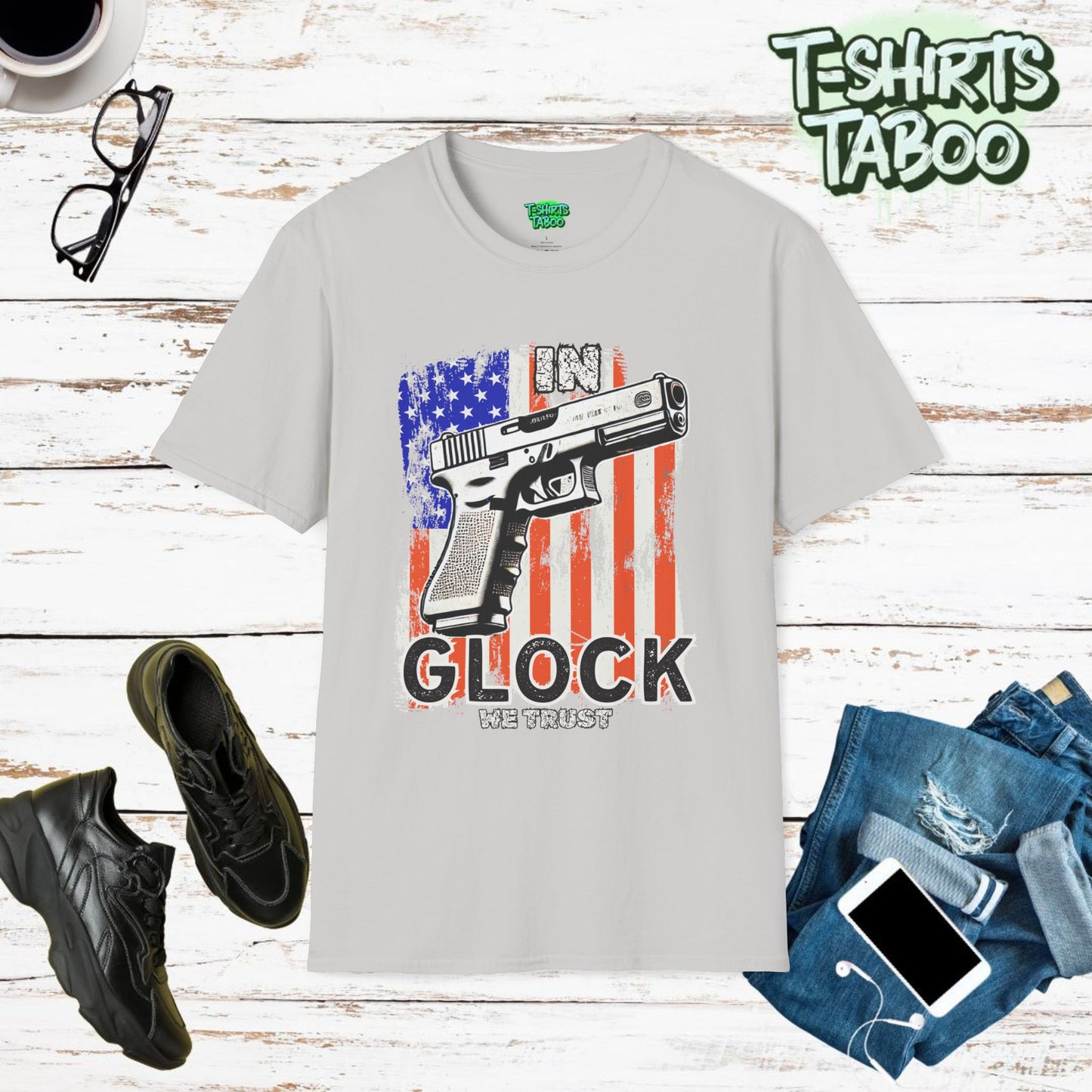 In Glock We Trust Shirt – Patriotic American Flag Gun Graphic Tee Show off your love for firearms patriotism or 2nd Amendment with this bold In Glock We Trust Tshirt