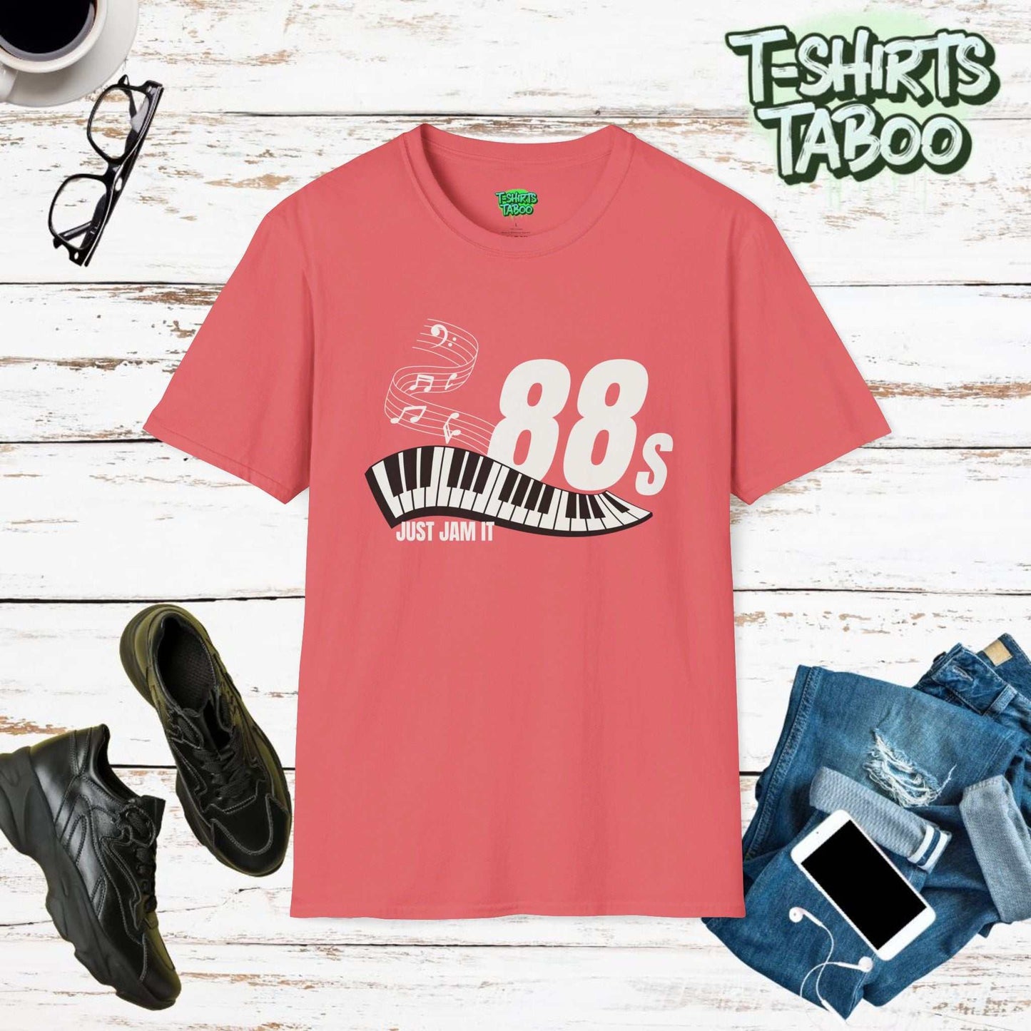 Celebrate your love for music with the '88s Just Jam It' T-shirt. Featuring piano keys, 88's, and music notes, this tee is perfect for a music lover or keen pianist