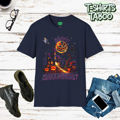 Happy Halloween PGet into the spooky spirit with our Halloween Shirts, perfect for celebrating the most haunting night of the year! This design features a chillingly old Hauted Houseumpkins Full Moon spooky Witch Haunted House T-shirt.