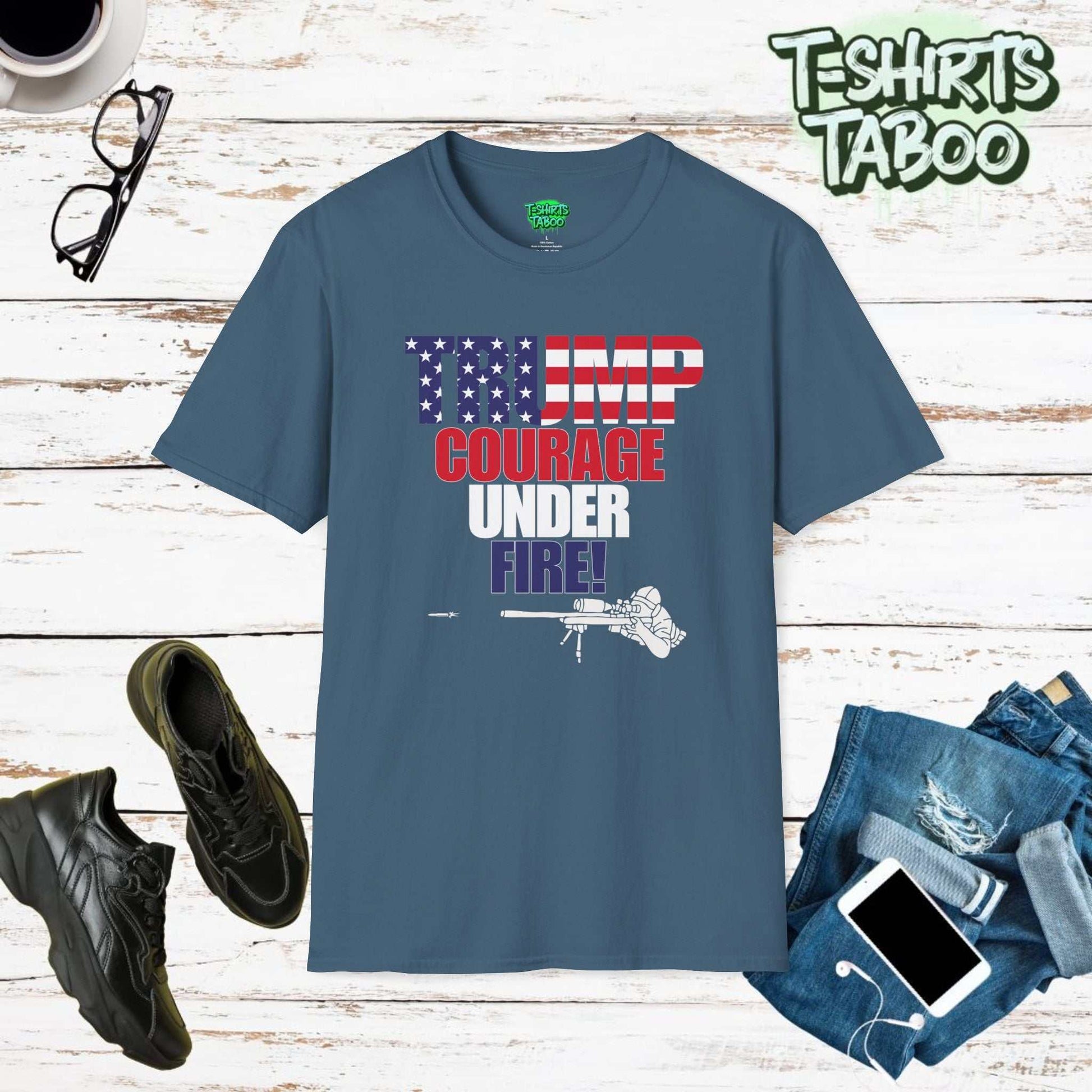 Show your support for Donald Trump with our "Courage Under Fire" t-shirt. Featuring bold Trump lettering and a striking sniper image. Perfect for any Trump supporter